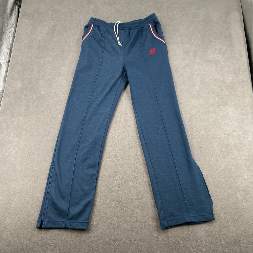 Vintage 70s Nike Sportswear Track Pants Sz M Blue Seamed Script Logo Ankle Zip